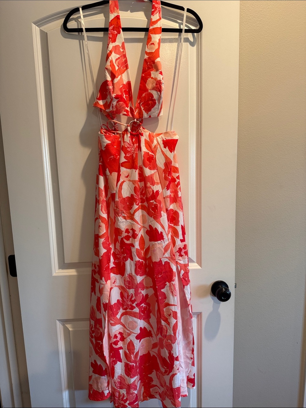 Red and White Floral Halter Maxi Dress
